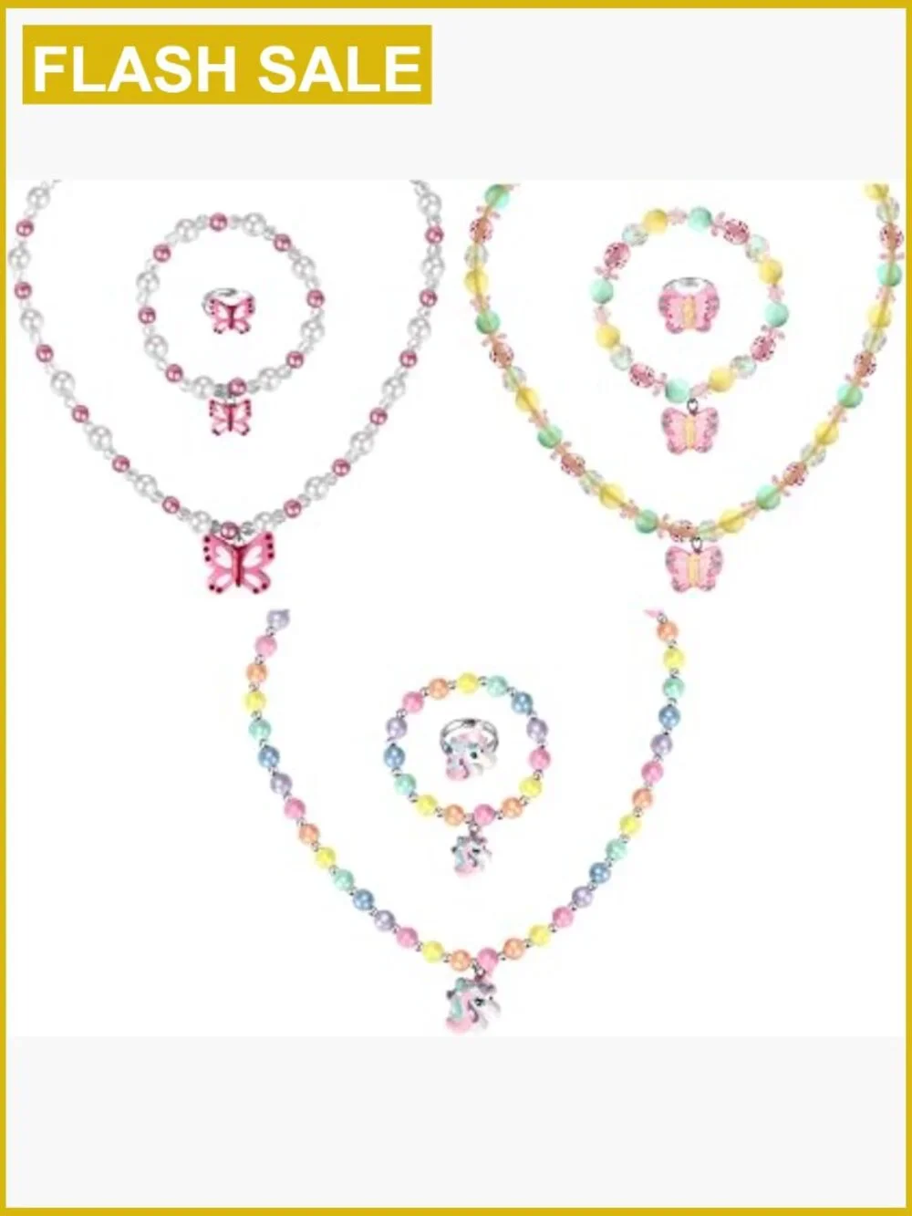 Kids Stretchy Jewelry Set - Unicorn Butterfly Necklace Bracelet Ring Gift
